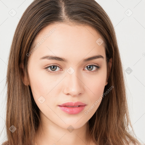 Neutral white young-adult female with long  brown hair and brown eyes