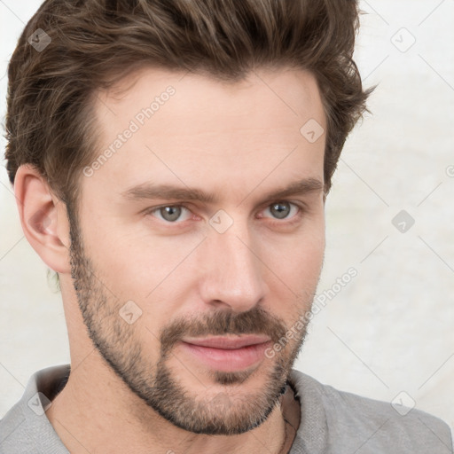 Neutral white young-adult male with short  brown hair and grey eyes