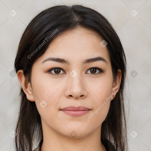 Joyful asian young-adult female with long  brown hair and brown eyes