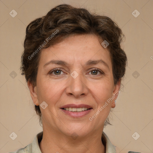 Joyful white adult female with short  brown hair and brown eyes