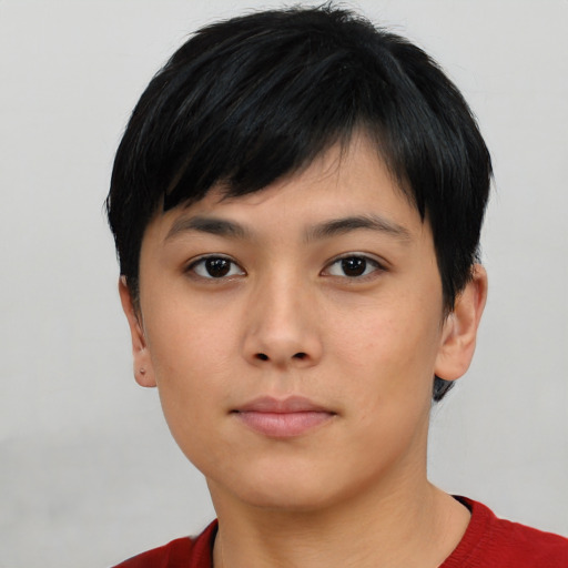 Neutral asian young-adult female with short  black hair and brown eyes