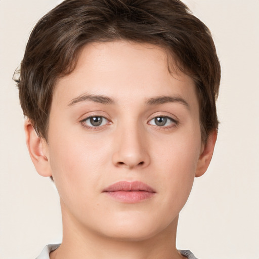 Neutral white young-adult female with short  brown hair and brown eyes