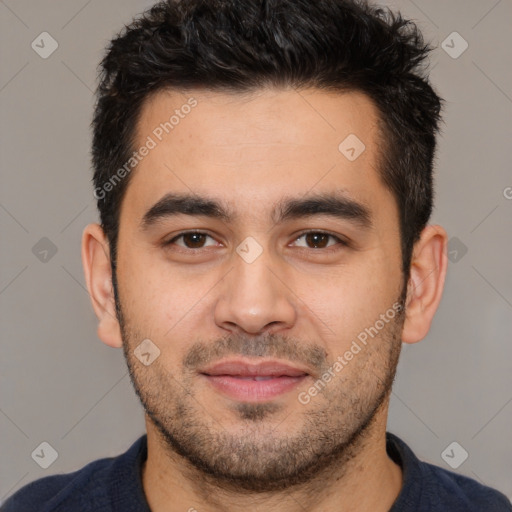 Joyful white young-adult male with short  black hair and brown eyes