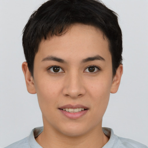 Joyful asian young-adult female with short  brown hair and brown eyes