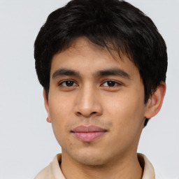 Neutral asian young-adult male with short  black hair and brown eyes