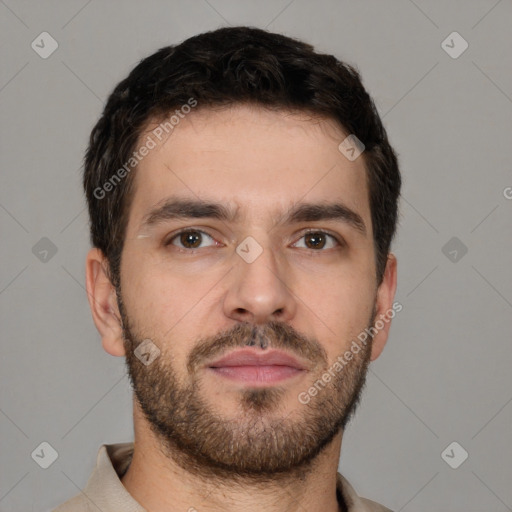 Neutral white young-adult male with short  brown hair and brown eyes