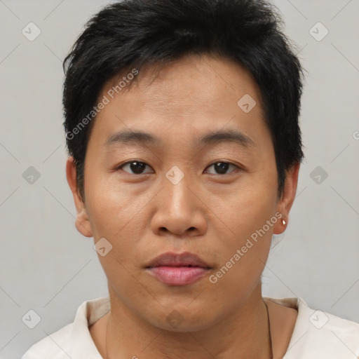 Neutral asian young-adult male with short  brown hair and brown eyes