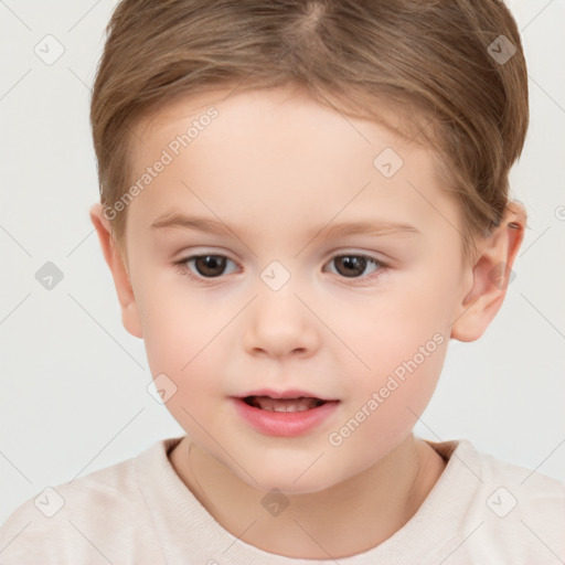 Joyful white child female with short  brown hair and brown eyes