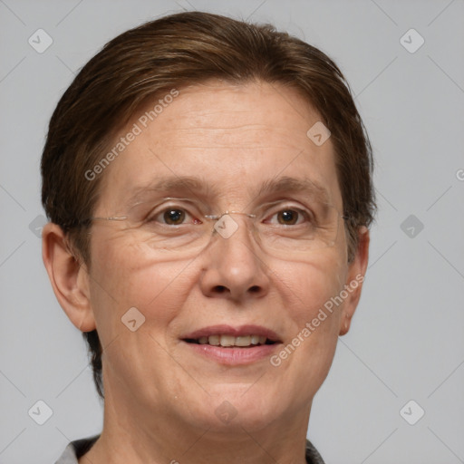 Joyful white adult female with short  brown hair and grey eyes