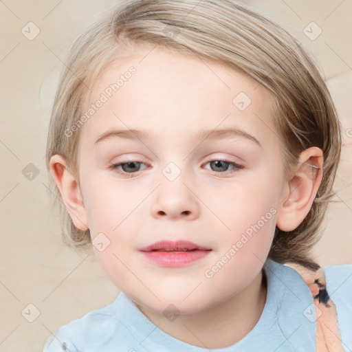 Joyful white child female with medium  brown hair and blue eyes