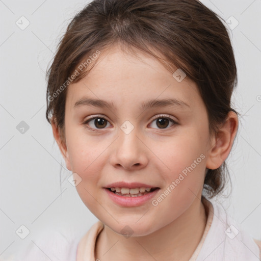 Joyful white child female with medium  brown hair and brown eyes