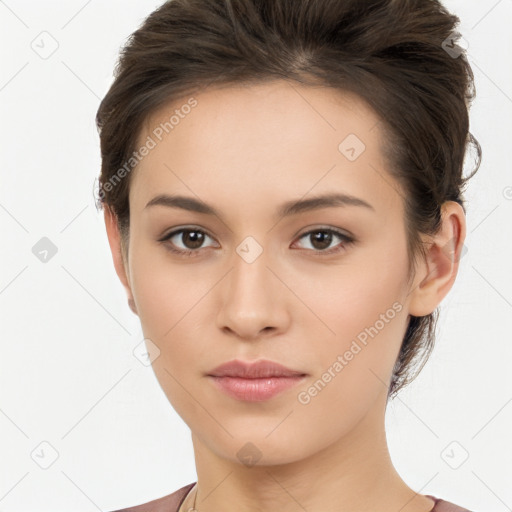 Neutral white young-adult female with short  brown hair and brown eyes