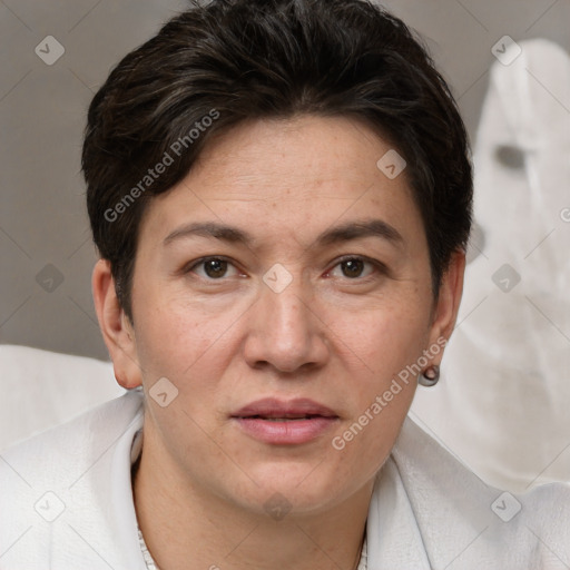 Joyful white adult female with short  brown hair and brown eyes