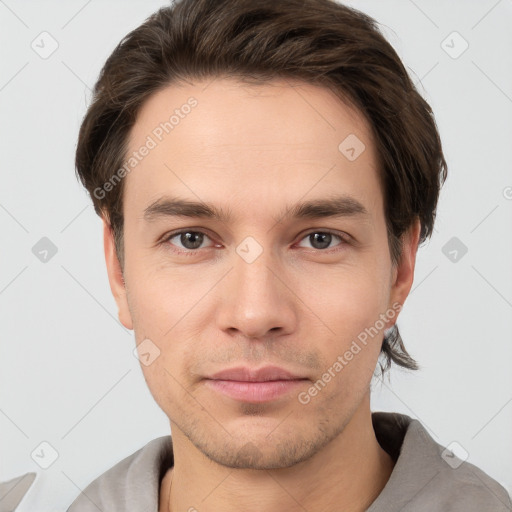 Neutral white young-adult male with short  brown hair and brown eyes