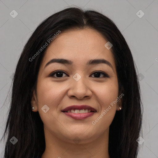 Joyful asian young-adult female with long  brown hair and brown eyes