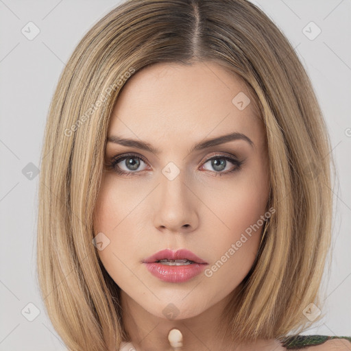 Neutral white young-adult female with long  brown hair and brown eyes