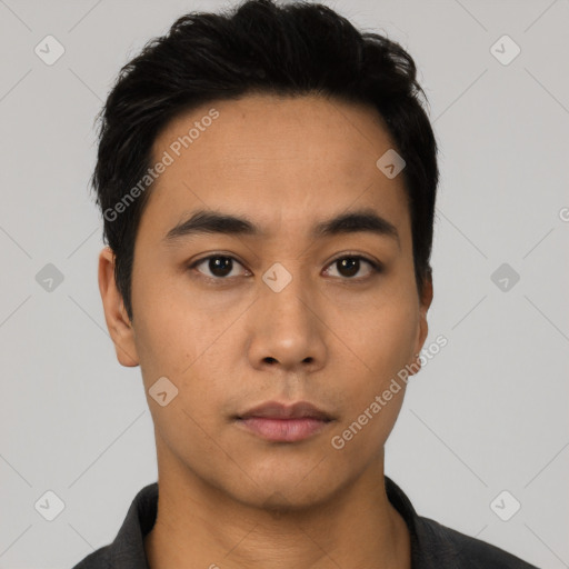 Neutral asian young-adult male with short  black hair and brown eyes