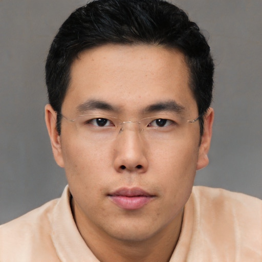 Neutral asian young-adult male with short  brown hair and brown eyes