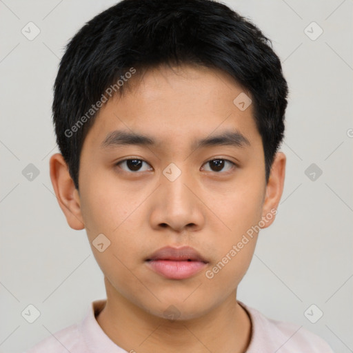 Neutral asian young-adult male with short  black hair and brown eyes