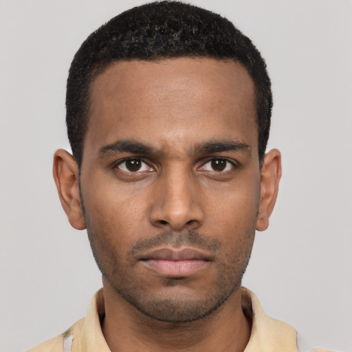 Neutral black young-adult male with short  black hair and brown eyes