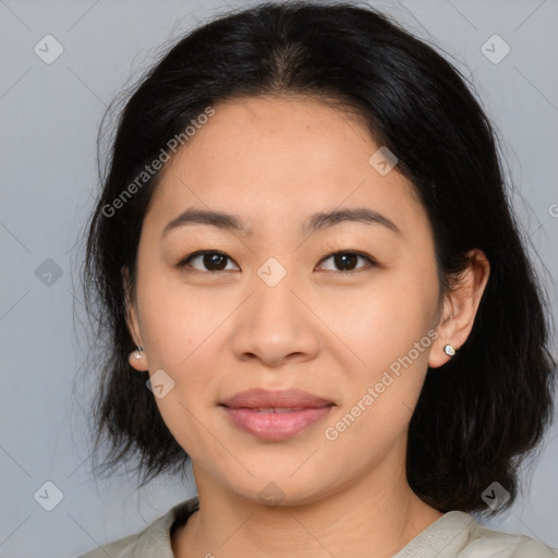 Joyful white young-adult female with medium  black hair and brown eyes