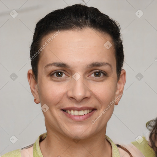 Joyful white young-adult female with short  brown hair and brown eyes