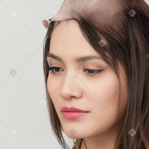 Neutral white young-adult female with long  brown hair and brown eyes