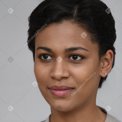 Joyful latino young-adult female with short  brown hair and brown eyes