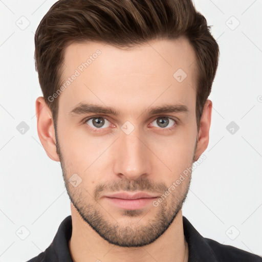 Neutral white young-adult male with short  brown hair and grey eyes