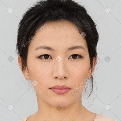 Neutral asian young-adult female with medium  brown hair and brown eyes