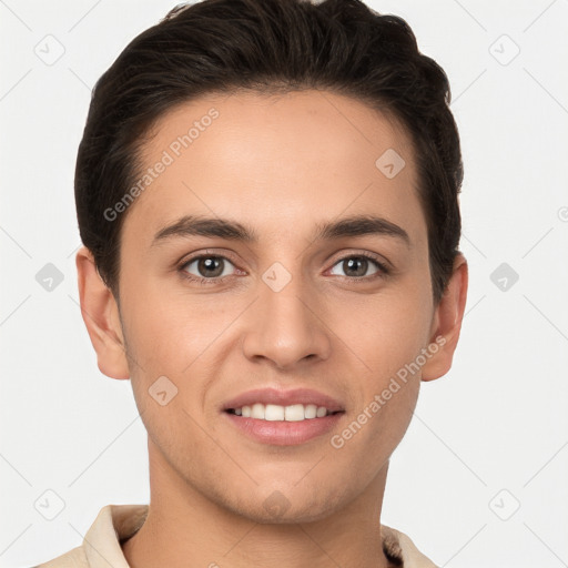 Joyful white young-adult male with short  brown hair and brown eyes