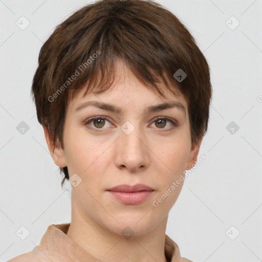 Neutral white young-adult female with short  brown hair and brown eyes