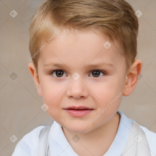 Joyful white child male with short  brown hair and brown eyes