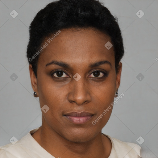 Neutral black young-adult female with short  black hair and brown eyes