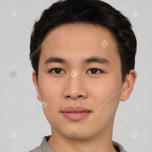 Neutral asian young-adult male with short  black hair and brown eyes