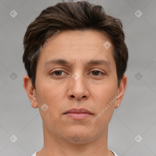 Neutral white adult male with short  brown hair and brown eyes