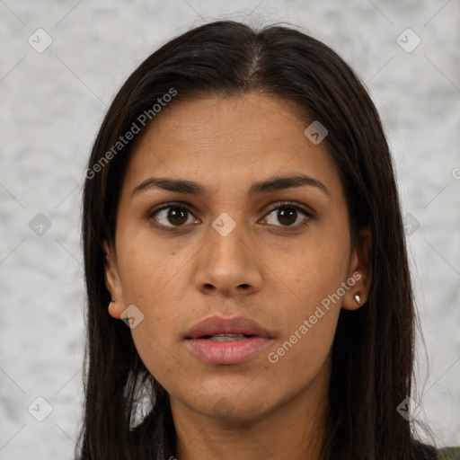 Neutral white young-adult female with long  brown hair and brown eyes