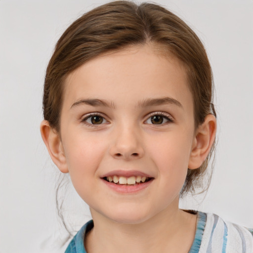 Joyful white child female with medium  brown hair and brown eyes