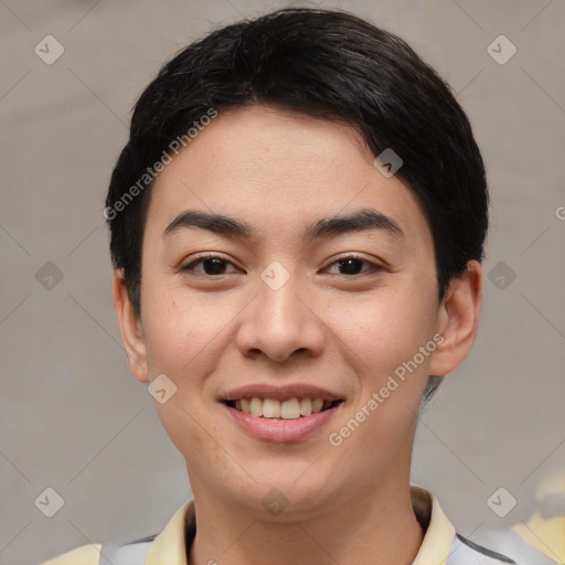Joyful latino young-adult female with short  black hair and brown eyes