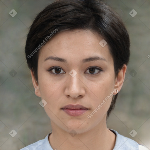 Neutral white young-adult female with short  brown hair and brown eyes