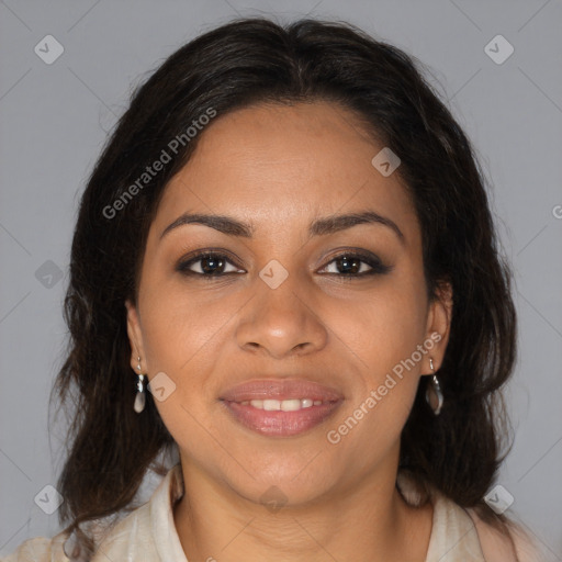 Joyful black young-adult female with medium  brown hair and brown eyes