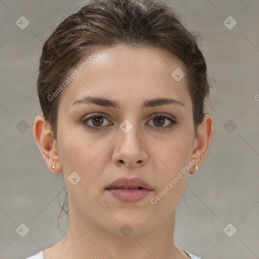 Neutral white young-adult female with short  brown hair and brown eyes