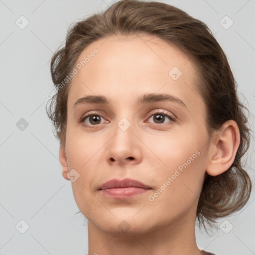 Neutral white young-adult female with medium  brown hair and brown eyes