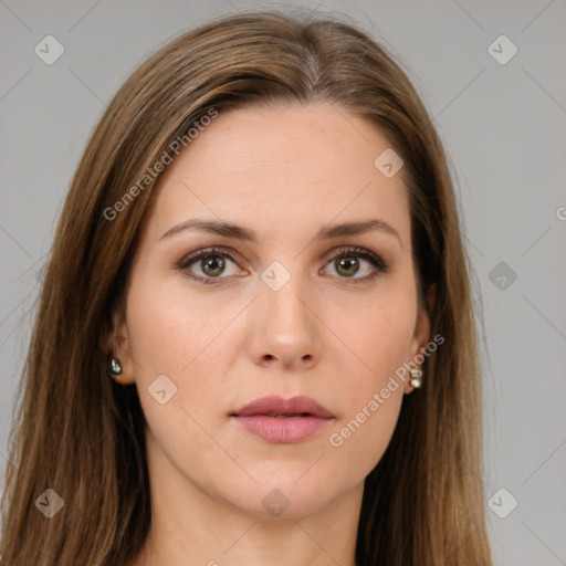 Neutral white young-adult female with long  brown hair and brown eyes