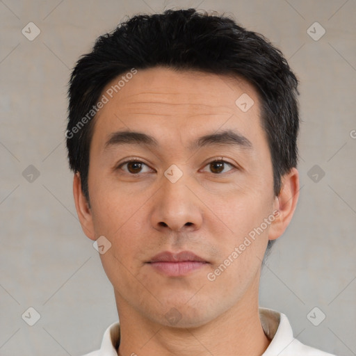 Neutral asian young-adult male with short  black hair and brown eyes