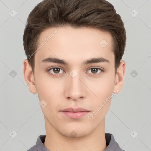 Neutral white young-adult male with short  brown hair and brown eyes