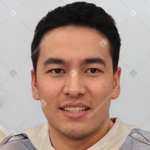 Joyful white young-adult male with short  black hair and brown eyes