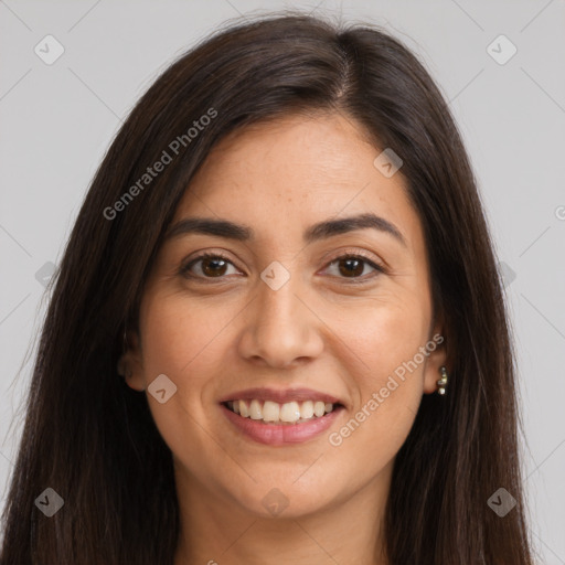 Joyful white young-adult female with long  brown hair and brown eyes