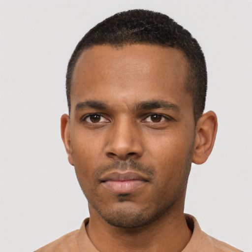 Neutral black young-adult male with short  black hair and brown eyes