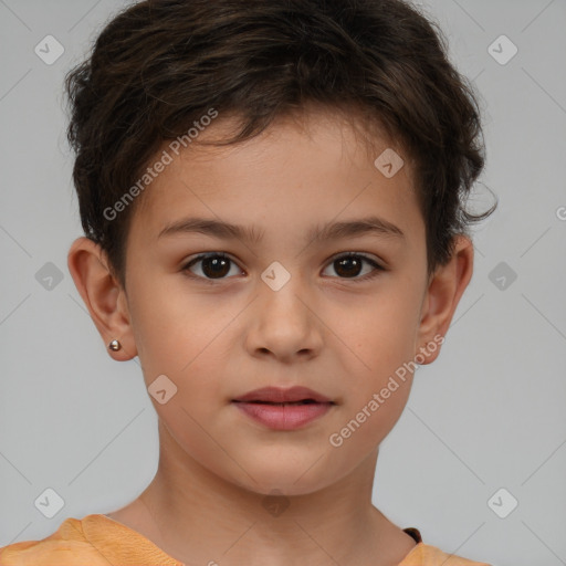 Joyful white child male with short  brown hair and brown eyes